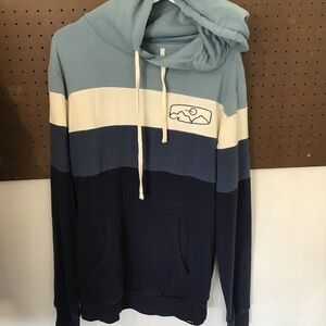 Colorblock Pullover Hoodie Blue Cream Navy Kangaroo Pocket Casual Sweatshirt L